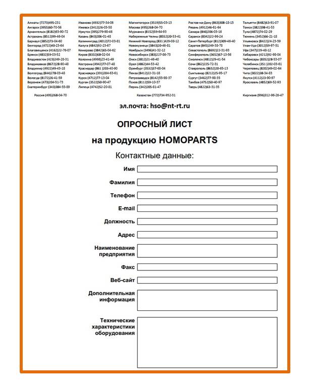 Questionnaire for from directory HOMOPARTS products